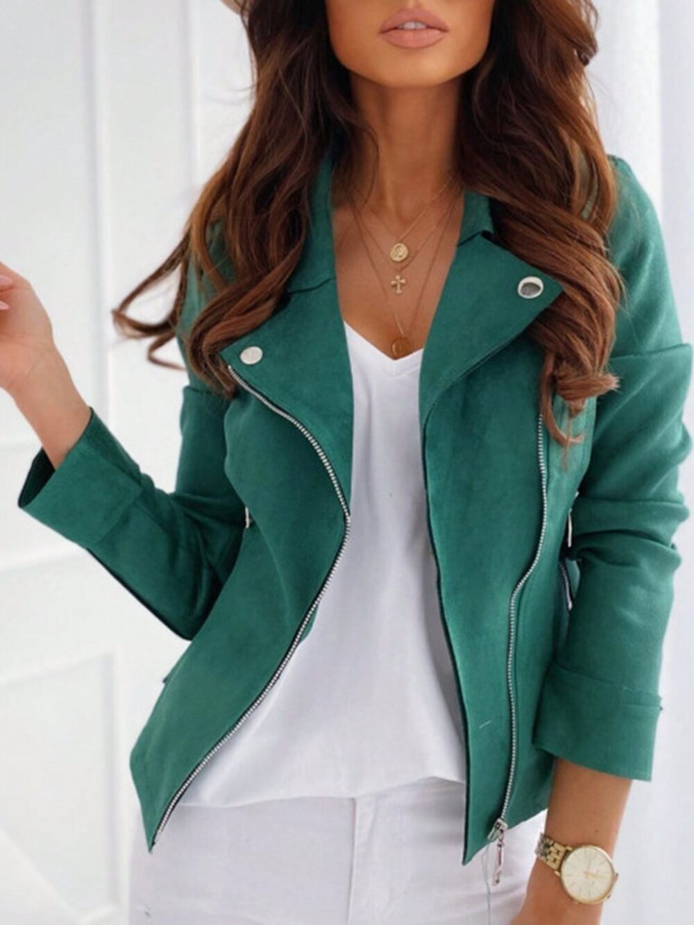 Green Casual Women's Fitted Stand-Collar Faux Suede Zipper Jacket
